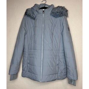 London Fog Women's Faux Fur Hooded Blue Puffer Coat Size XL Full Zip Winter